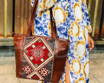 Personalized Bucket kilim leather Bag | Moroccan Style Kilim Leather Shoulder Bag | Carpet tote carpet leather Bag for Women, Gift for her