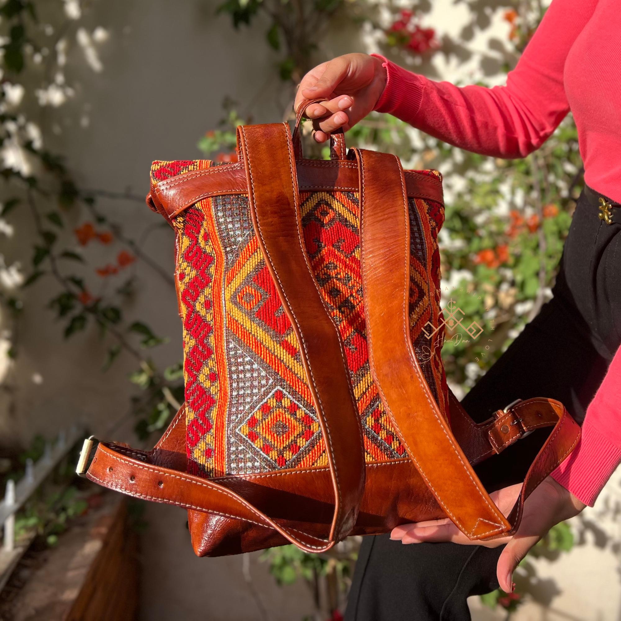 Handwoven Moroccan Kilim Carpet Large Backpack Leather Boho Hippie Western Moroccan Kilim Handcrafted Backpacks, Leather Backpack  main image 2