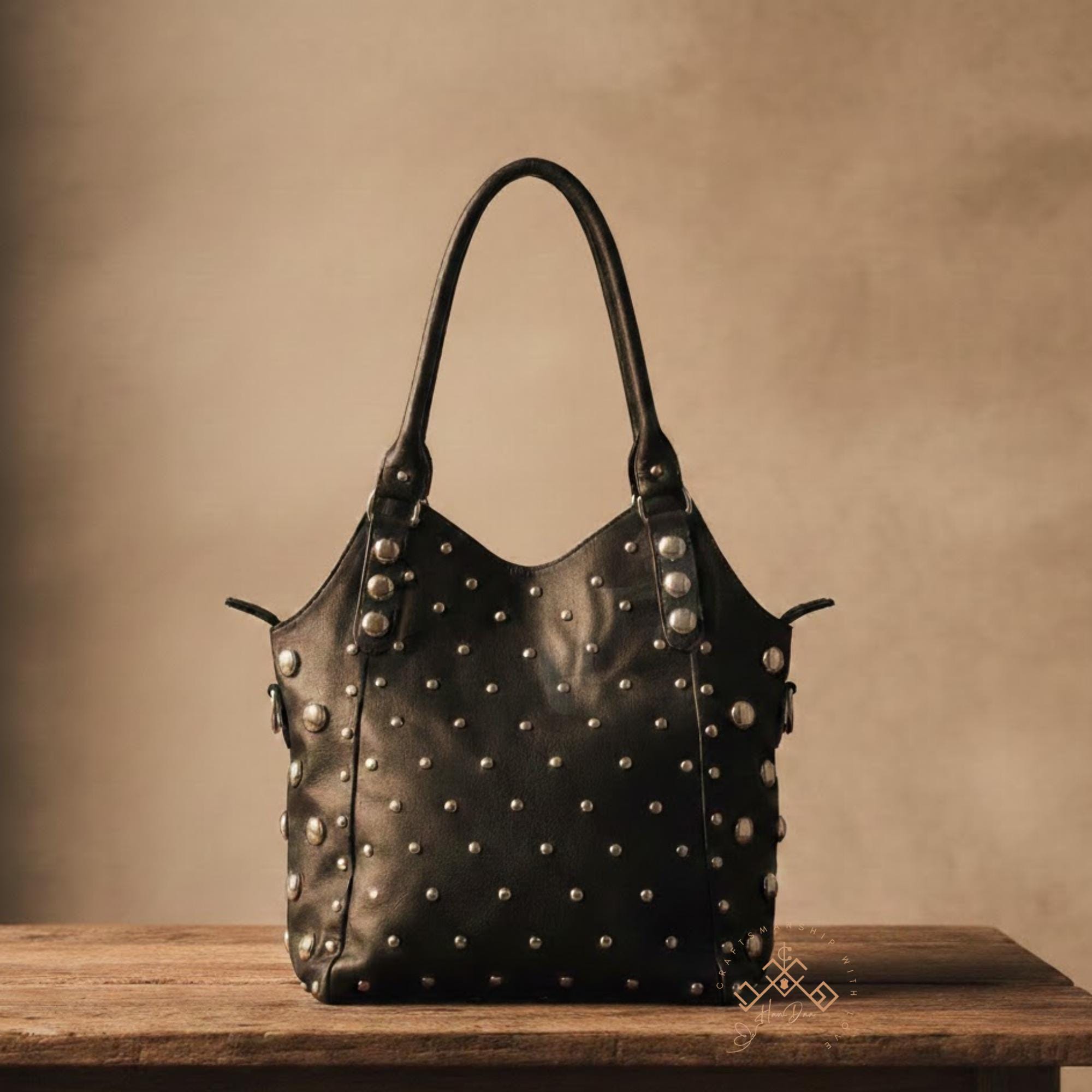 ブラックシルバースタッズバッグ、スタッズレザーハンドバッグ、豪華な