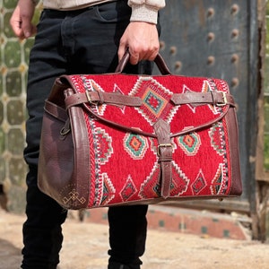 Personalized kilim travel bag, Carpet Leather Weekend Bag, briefcase kilim duffel bag, boho carpet bag, rug duffel bags, Vintage Carpet bags Brown darker