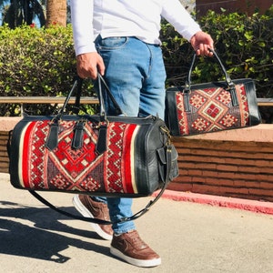 moroccan kilim leather travel weekend bag for men and women image 8