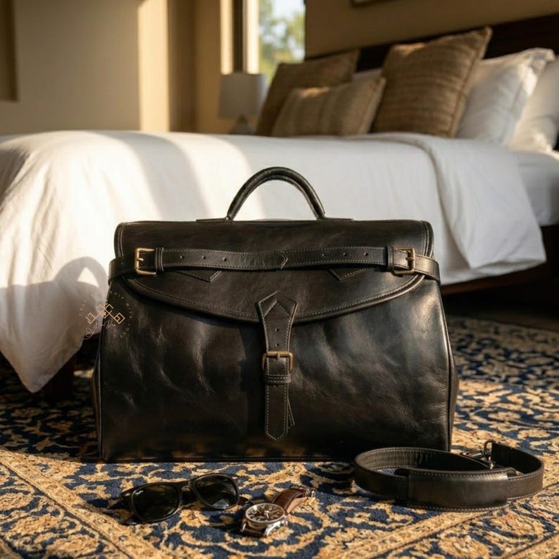 May include: A black leather briefcase featuring a top handle, a horizontal strap with a buckle, and a central vertical strap with a buckle closure. A detachable shoulder strap, a wristwatch, and sunglasses are placed in front of the bag.