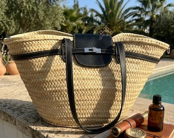 Straw Basket Bag with Leather Straps, French Market Basket, Handmade Moroccan Palm Tote, Boho Beach Bag, Summer Raffia Tote, Gift for Her