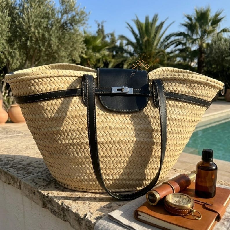 May include: Woven straw tote bag with black leather detailing, including a flap closure and shoulder straps. The bag has a silver-tone clasp. The bag is a stylish accessory, set against a natural outdoor backdrop.