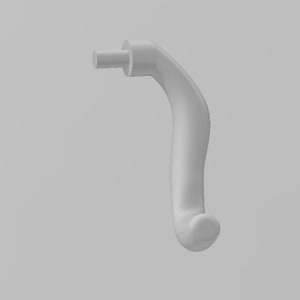May include: A white plastic door handle with a curved design. The handle has a small, round knob at the end and a cylindrical extension at the top.