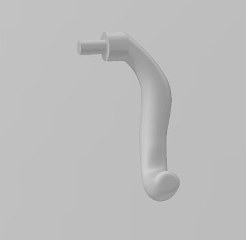 May include: A white plastic door handle with a curved design. The handle has a small, round knob at the end and a cylindrical extension at the top.