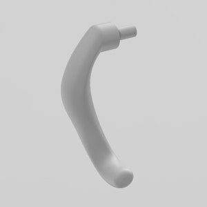 May include: A white plastic door handle with a curved design.