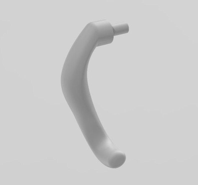 May include: A white plastic door handle with a curved design.