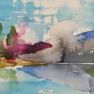 Original Watercolor Painting TL Aley Abstract Landscape Watercolour Art Paper Mountain Lake Modern Contemporary Loose Minimalism Artist