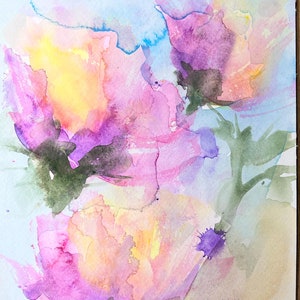 May include: Watercolor painting of three pink and yellow flowers with green stems and leaves on a light blue background. The artist's signature "ALEY" is in the bottom right corner.