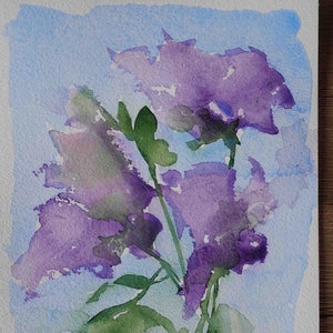 May include: Watercolor painting of purple flowers with green stems on a light blue background. The artist's signature "ALEY" is in the bottom right corner.