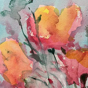 May include: Watercolor painting of abstract flowers in shades of orange, pink, and yellow. The artwork features a light blue background with green and gray accents, creating a soft, artistic aesthetic. The floral design is the focal point.