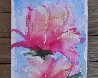 May include: Watercolor painting of two pink flowers with green stems and leaves on a blue background. The artist's signature "ALEY" is in the bottom right corner.