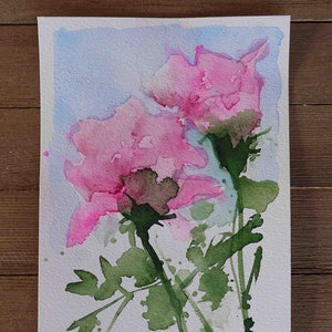 May include: Watercolor painting of two pink flowers with green stems and leaves on a light blue background. The artist's signature "ALEY" is in the bottom right corner.