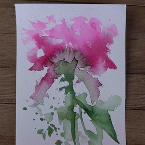 May include: Watercolor painting of a pink flower with green leaves and stems. The painting has a splattered effect and the artist's signature "ALEY" is in the bottom left corner.