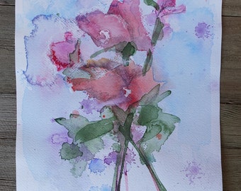 May include: Watercolor painting of pink flowers with green stems and leaves on a light blue background with purple and blue watercolor splatters. The artist's signature "ALEY" is in the bottom right corner.
