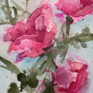 May include: Watercolor painting of pink flowers with green stems and leaves against a light blue background. The artwork features a loose, expressive style with visible brushstrokes and color blending, creating a soft, artistic aesthetic.