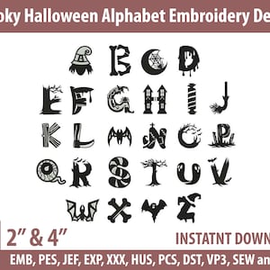 Spooky Halloween Alphabet Machine embroidery design | Gothic Horror embroidery | Witch Bat Skull Halloween | Instant Download | 2 Sizes