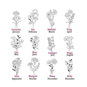 Geburtsmonat Blumenstrauß Maschinenstickerei, Geburtsmonat Blume / Geburtsantike Blumenstickerei / Florales botanisches Stickmuster