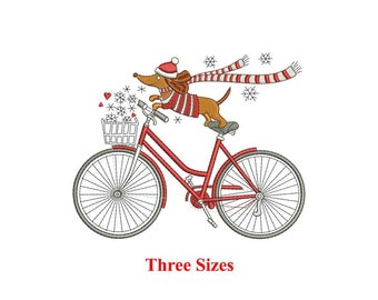 Dachshund Christmas Machine embroidery design / Christmas dachshund cycling / Merry Christmas