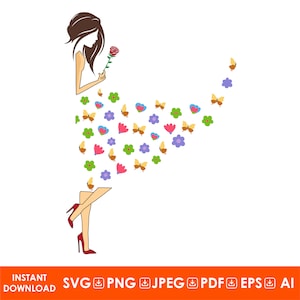 Linda garota com um vestido de flores SVG / Mulher com rosa PNG / Lindas mulheres clipart / Fashion Woman / Ilustração de Fashion Girl