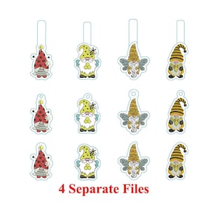 Fleurs de nain abeille ITH Motif de broderie pour porte-clés | Feltie en nid d&#39;abeille | Onglet instantané Gnome-abeille-ailes | Porte-clés gnome apiculteur
