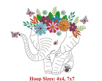 Elephant Floral Machine Embroidery Design | Elephant Wild Flowers | Floral Elephant Embroidery Pattern | Animal Lovers