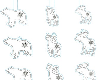Bear Deer Moose Keyfob Feltie Snaptag snowflakes Machine Embroidery design / Snowflakes animals keychain / Wild animals