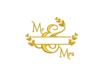 Mr & Mrs Wedding monograma Diseño de bordado de máquina / Monograma de boda mariposa / Boda / Aniversario