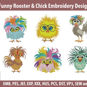 6 Funny Rooster & Chick Machine Embroidery Design Set | Crazy Chicken Machine Embroidery Files| Farm Animal Stitch Pattern| Digital Download