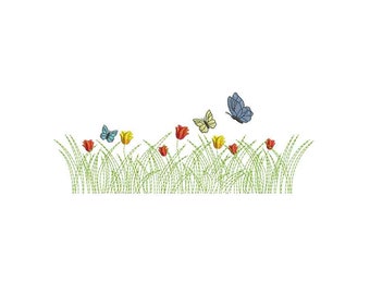 Grass with butterfly Machine embroidery design / Green grass / Green grass with floral flowers butterfly