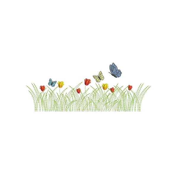 Gras mit Schmetterling Maschinenstickerei / Grünes Gras / Grünes Gras mit Blumen Schmetterling