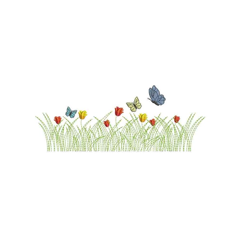 Gras mit Schmetterling Maschinenstickerei / Grünes Gras / Grünes Gras mit Blumen Schmetterling Bild 1