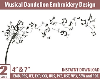 Musical Dandelion Embroidery Design | Treble Clef Music Notes Machine Embroidery File | Nature & Music Stitch Design – Instant Download