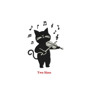 Black cat with music playing violin Machine embroidery design / Music cat / Two sizes
