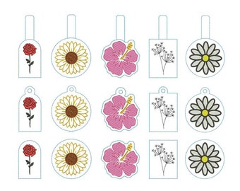 ITH Bundle Rose Schlüsselanhänger Maschinenstickerei | Sonnenblume Snap Tab | Hibiskus Filztie | Löwenzahn Blume Schlüsselbund | Gänseblümchen Blume Keychain