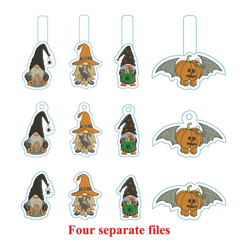 ITH Halloween Boo Gnome Key fob Machine Embroidery Design | Gnome holds Cat Snap Tab / Gnome spooky witch Pot Feltie / Halloween Bats