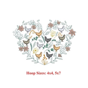 Chicken Floral Heart Machine Embroidery Design | Chicken Farm | Hen | Rooster Heart Embroidery Pattern