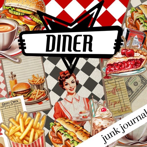 Retro Diner Junk Journal Kit, Vintage Junk Foods Journal Pages, Rustic Digital Paper Prints, Printable Junk Journal Kit, Digital Download