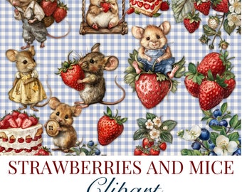 Clipart, Erdbeeren und Mäuse, Junk Journal, Verzierungen, Transparente PNG, Scrapbook Kit, Journaling Liefert Ephemera