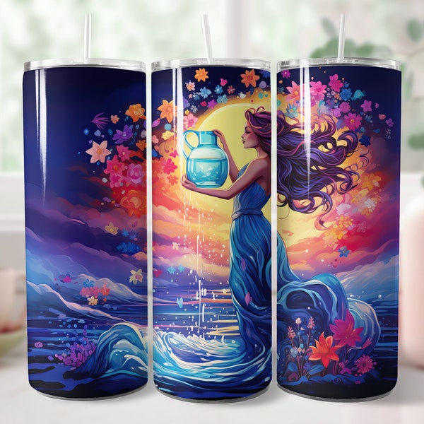 Aquarius Zodiac 20 oz Skinny Tumbler Sublimation Design Straight Tumbler Wrap PNG Sublimation Tumbler Art Tumbler PNG Star Sign Astrology