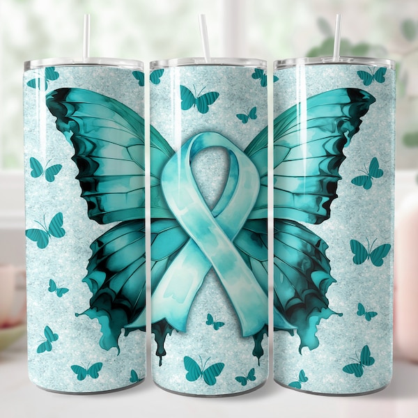 Teal Ribbon Awareness Butterfly 20oz Skinny Tumbler Sublimation Design PNG Tumbler Wrap Sublimation Ovarian Cancer Awareness Ribbon