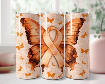 Orange Ribbon Awareness Butterfly 20oz Skinny Tumbler Sublimation Design PNG Tumbler Wrap Sublimation Leukemia Kidney Cancer Awareness