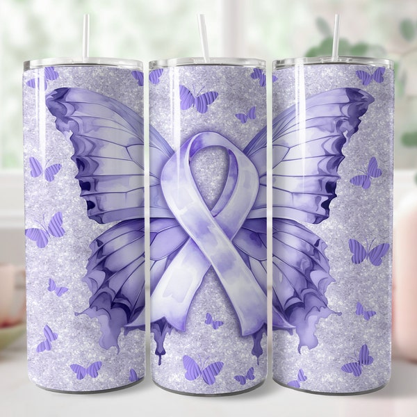 Periwinkle Ribbon Awareness Butterfly 20oz Skinny Tumbler Sublimation Design PNG Tumbler Wrap Sublimation Stomach Esophageal Cancer