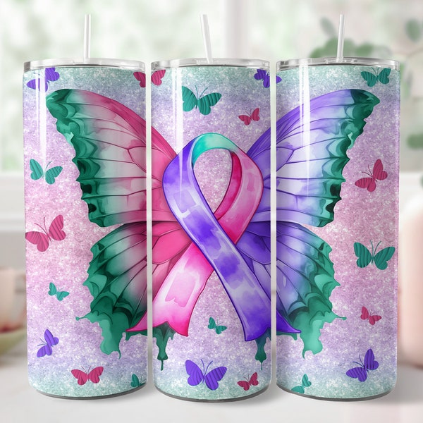 Teal and Pink and Purple Ribbon Awareness Butterfly 20oz Skinny Tumbler Sublimation PNG Tumbler Wrap Sublimation Thyroid Cancer Awareness