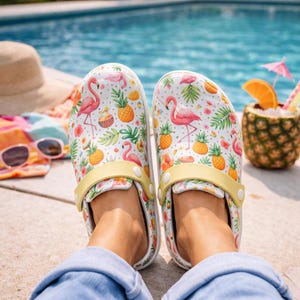 Flamingo Print Beach Clogs, Lightweight EVA Mule Shoes