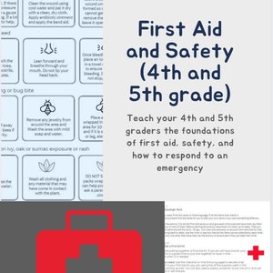 May include: A red first aid kit with a white cross symbol, alongside a page with first aid instructions and the text "First Aid and Safety (4th and 5th grade)". The image provides educational content on emergency response.