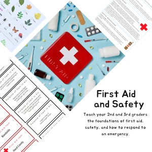 Puede incluir: Un botiquín de primeros auxilios rojo con una cruz blanca en la tapa. El botiquín está rodeado de varios suministros de primeros auxilios, incluidos vendajes, gasas, toallitas antisépticas y frascos de medicamentos. El texto "Primeros auxilios y seguridad" está escrito en letras negras sobre un fondo blanco. El texto debajo dice "Enseñe a sus alumnos de 2º y 3º grado los fundamentos de los primeros auxilios, la seguridad y cómo responder a una emergencia."