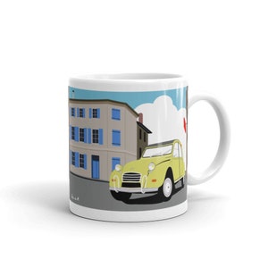 Citroen 2CV Village Scene White glossy mug