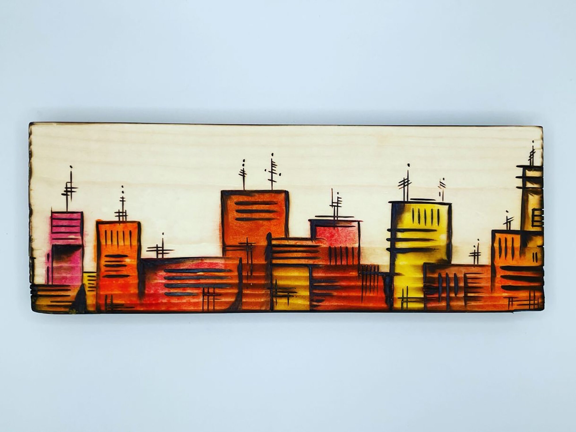 Wood Burned Cityscape Illustration on Board, Wall-hanging or Tabletop ...